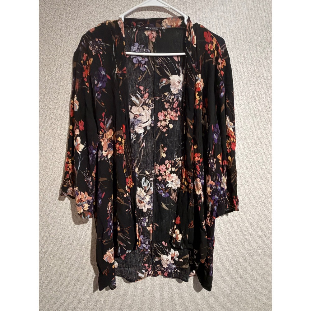 Pink Clover Women Black Floral Kimono Cardigan Open Front 3/4 Sleeve RayonMedium